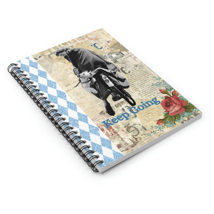 Keep Going spiralbound notebook; Girl on bike, terrier dog riding on the back, mixed media print, blue sparkle harlequin, roses, newsprint