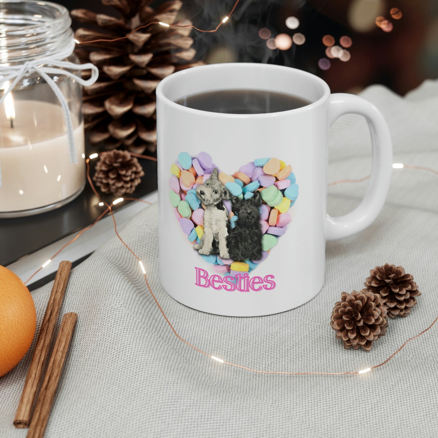 Valentine Hearts "Besties" Mug, Cute Dogs and Candy Hearts Ceramic Mug 11oz Galentine's Day Gift