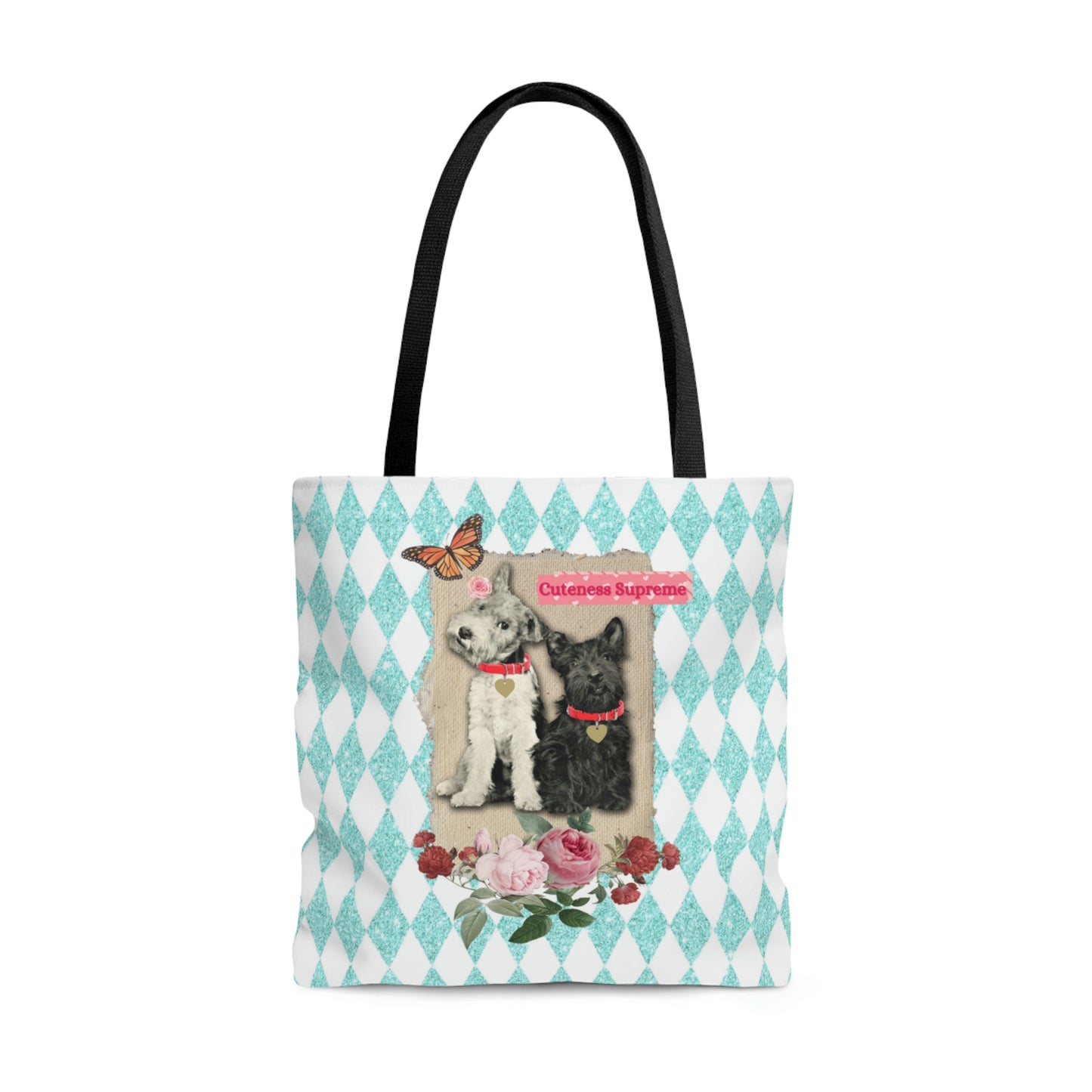 Cute Shopping Tote Bag in 3 Sizes, Aqua Glitter Harlequin Print, Mixed Media Graphic, Vintage Photo Jack Russell Terrier, Scotty Dog, Roses