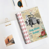 Dog Mom Notes Spiral Notebook, Cute Vintage Girl in Car with Dog, Roses, Newsprint, Glitter Pink Harlequin Detail Collage Mixed Media Print