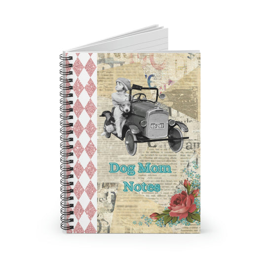 Dog Mom Notes Spiral Notebook, Cute Vintage Girl in Car with Dog, Roses, Newsprint, Glitter Pink Harlequin Detail Collage Mixed Media Print - LEAGUE OF CRAFTY CANINES