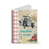 Dog Mom Notes Spiral Notebook, Cute Vintage Girl in Car with Dog, Roses, Newsprint, Glitter Pink Harlequin Detail Collage Mixed Media Print