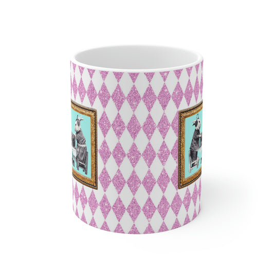 Bunnies in Headphones Ceramic Mug 11oz, Hot Pink Harlequin Glitter Print, Vintage Dressed Rabbits Photo, Easter Spring Mug - LEAGUE OF CRAFTY CANINES