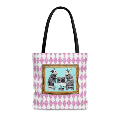 Cute Shopping Tote Bag in 3 Sizes, Bunnies in Headphones Vintage Photo,  Hot Pink Harlequin Glitter Print, Bunny Lover Gift, Easter Spring