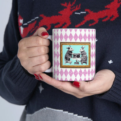 Bunnies in Headphones Ceramic Mug 11oz, Hot Pink Harlequin Glitter Print, Vintage Dressed Rabbits Photo, Easter Spring Mug