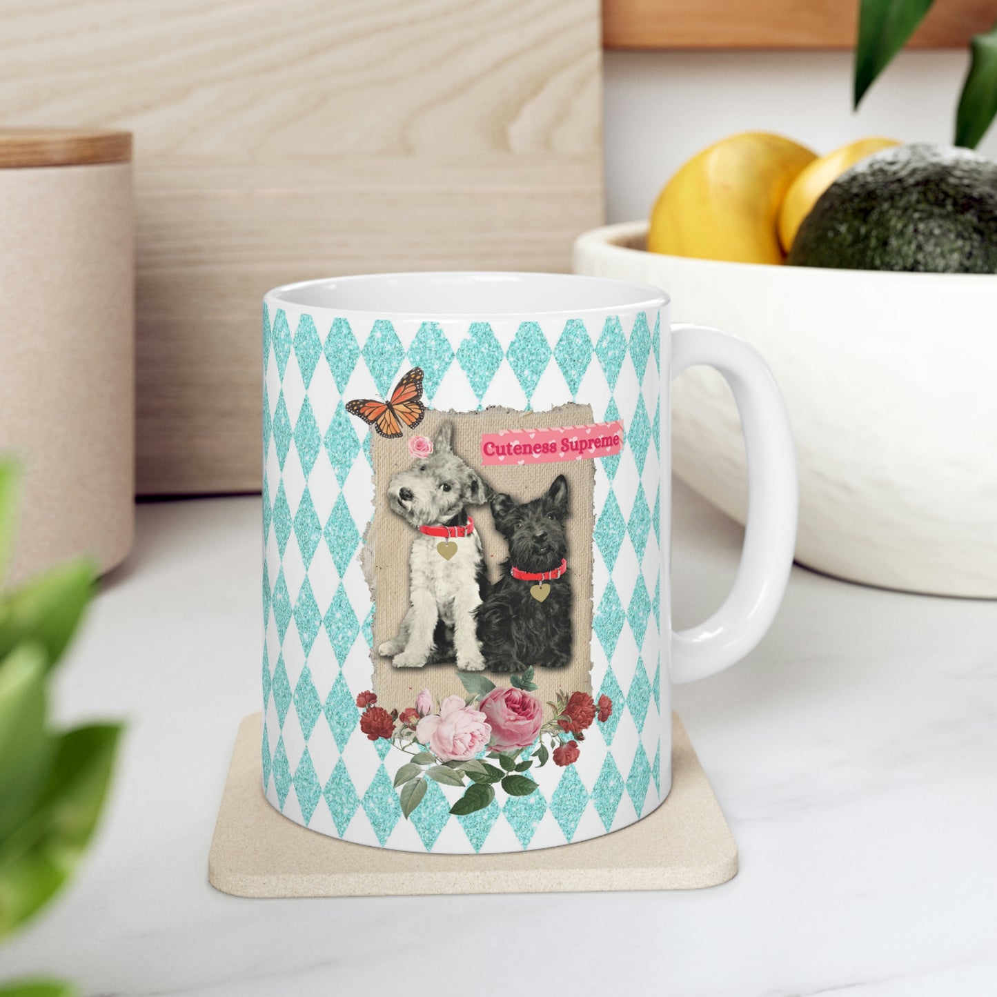 Super Cute, Jack Russell Terrier and Scotty Dog, Ceramic 11oz Mug, Pretty Aqua Harlequin Glitter Print, Roses, Vintage Mixed Media Graphic