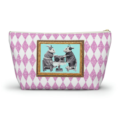Bunnies in Headphones Graphic on T-Bottom Travel Pouch Bag, Hot Pink Glitter Print Harlequin Background, Two Convenient Size Options