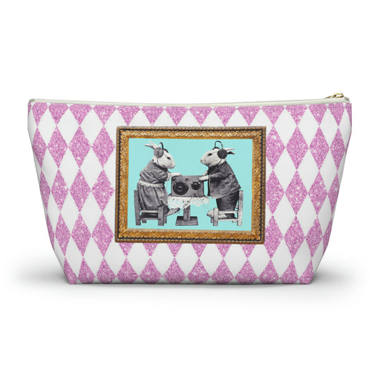 Bunnies in Headphones Graphic on T-Bottom Travel Pouch Bag, Hot Pink Glitter Print Harlequin Background, Two Convenient Size Options - LEAGUE OF CRAFTY CANINES