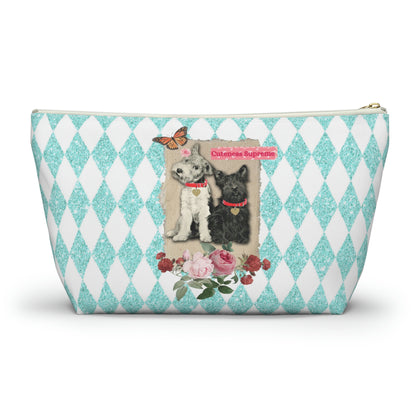 Super Cute T-Bottom Travel Pouch Makeup Bag, Jack Russell and Scotty Dog Graphic, Aqua Glitter Harlequin Print Background, Two Size Options