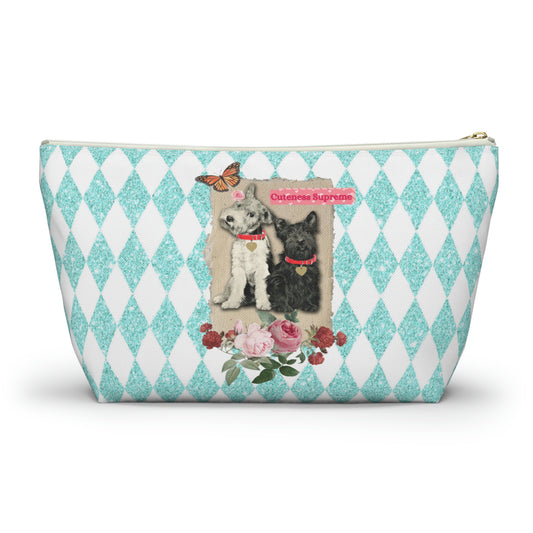 Super Cute T-Bottom Travel Pouch Makeup Bag, Jack Russell and Scotty Dog Graphic, Aqua Glitter Harlequin Print Background, Two Size Options - LEAGUE OF CRAFTY CANINES