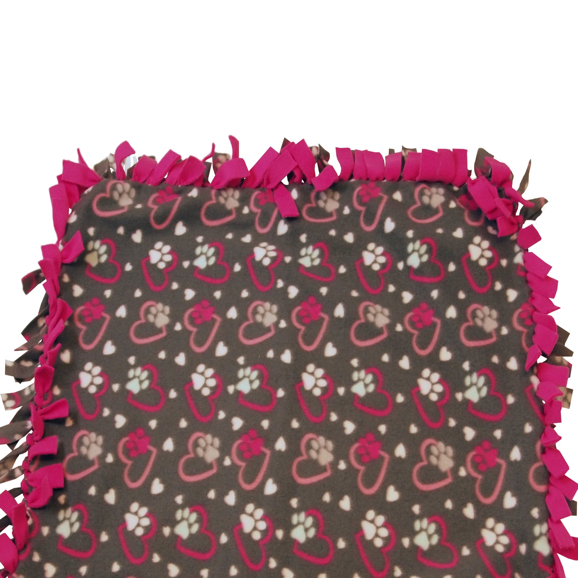 Reversible, 2-Sided Fleece Stroller/Crate Dog Blanket : Gray + Pink, Hearts and Paws w. Hot Pink back  27" x 29" - LEAGUE OF CRAFTY CANINES