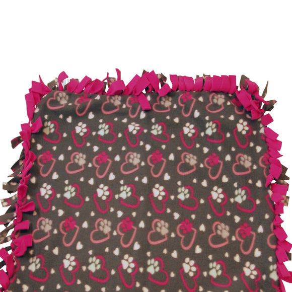 Reversible, 2-Sided Fleece Stroller/Crate Dog Blanket : Gray + Pink, Hearts and Paws w. Hot Pink back  27