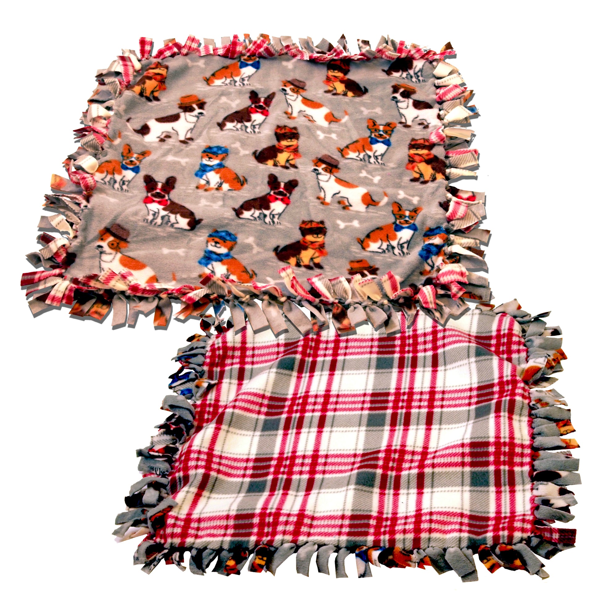 Reversible, 2-Sided Fleece Stroller/Crate Dog Blanket : Gray, w. Dogs and Red Plaid back  26&quot; x 26&quot; - LEAGUE OF CRAFTY CANINES