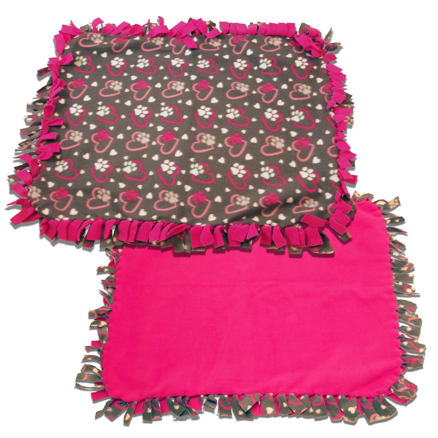 Reversible, 2-Sided Fleece Stroller/Crate Dog Blanket : Gray + Pink, Hearts and Paws w. Hot Pink back  27" x 29" - LEAGUE OF CRAFTY CANINES