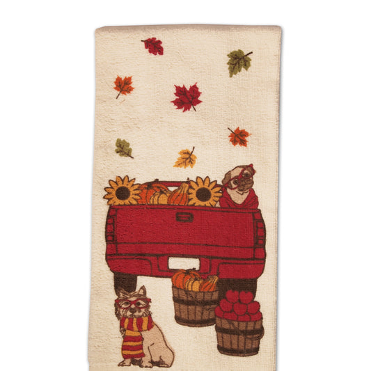 Frenchie Dog Tea Towel  - Fall Leaves and Dogs  - Thanksgiving Kitchen Towel - LEAGUE OF CRAFTY CANINES