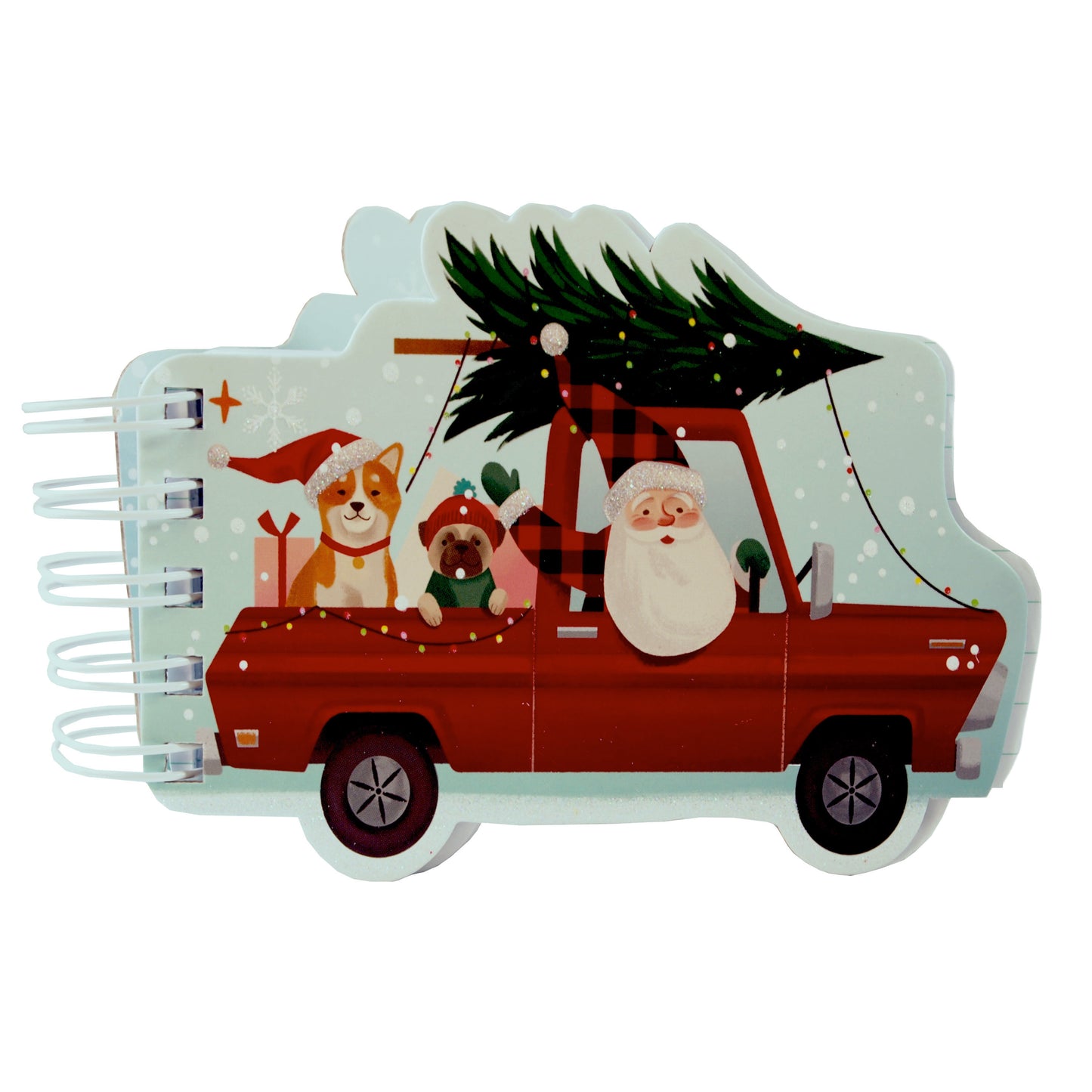 Santa Claus and his Pick-Up Truck Notepad (molly & rex) - 100 lined-sheet pages - christmas dogs and tree - LEAGUE OF CRAFTY CANINES