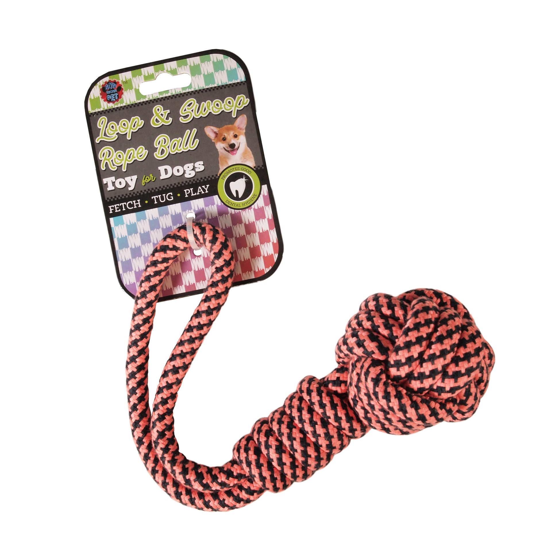 Dog Toy : Loop & Swoop Rope Ball - pink and black - medium size - LEAGUE OF CRAFTY CANINES