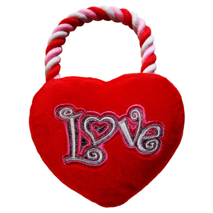 Looped Rope and Plush Heart Pull Toy - red dog plaything - LEAGUE OF CRAFTY CANINES