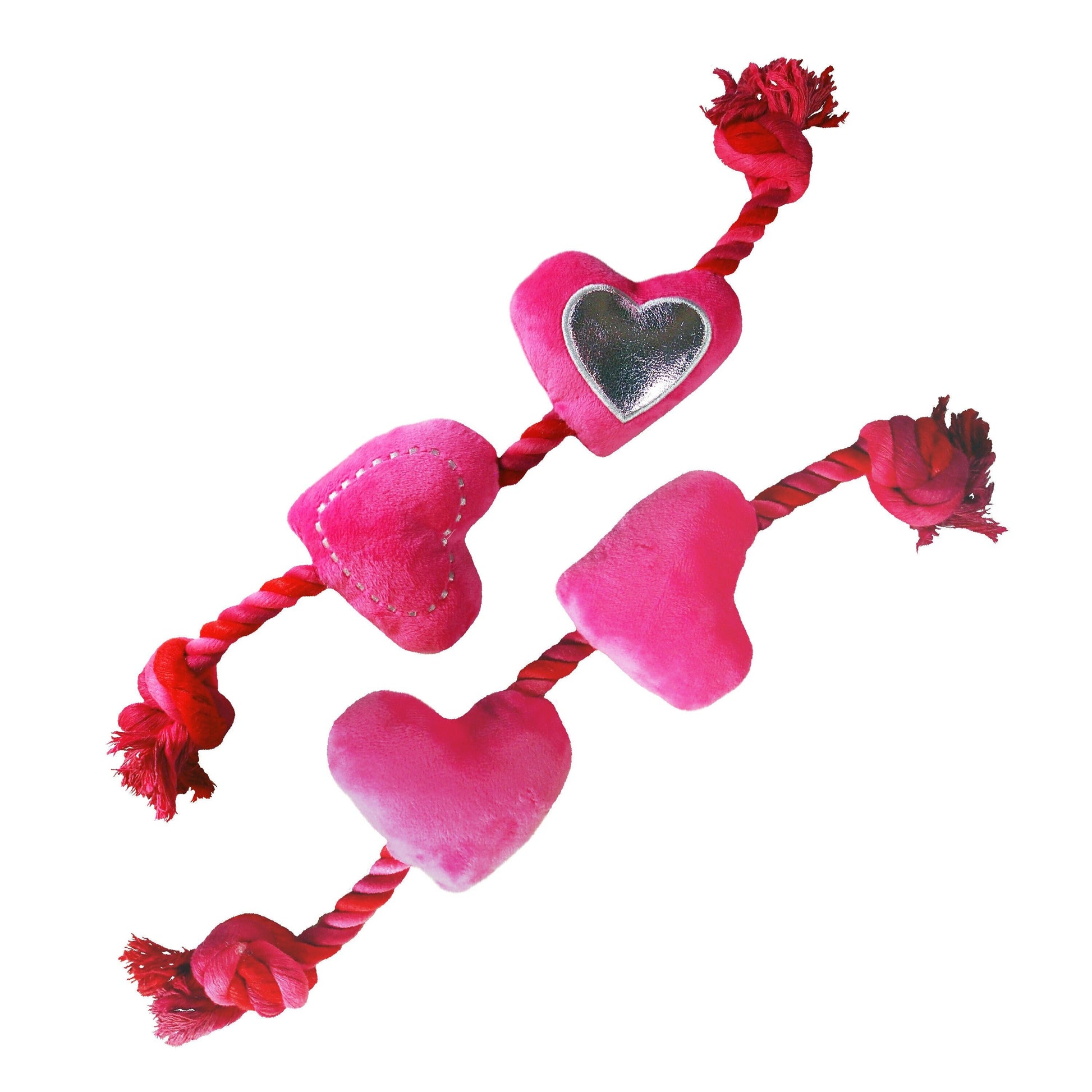 Dog Toy : Braided Rope and Small Plush Hearts hot pink silver - tug plaything - LEAGUE OF CRAFTY CANINES