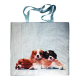 Reusable Eco Friendly Shopping/Gift Bag - King Charles Cavalier Puppy Trio - Light Blue