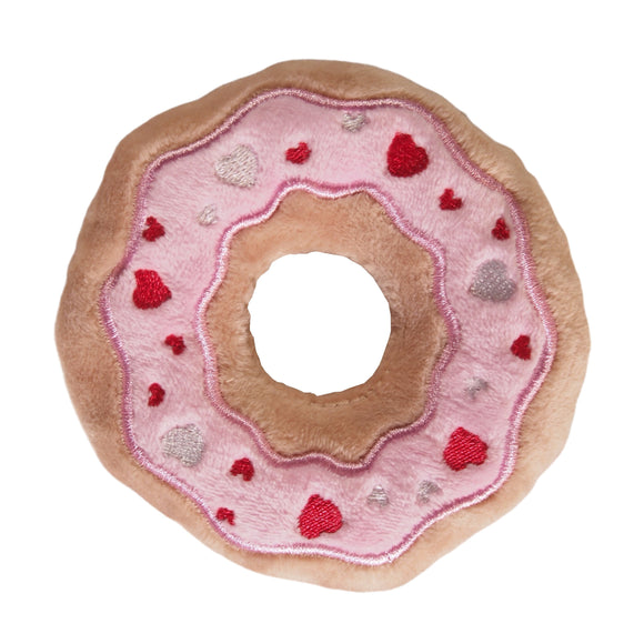 Dog Toy : Pink Donut with Heart Sprinkles - small plush - LEAGUE OF CRAFTY CANINES